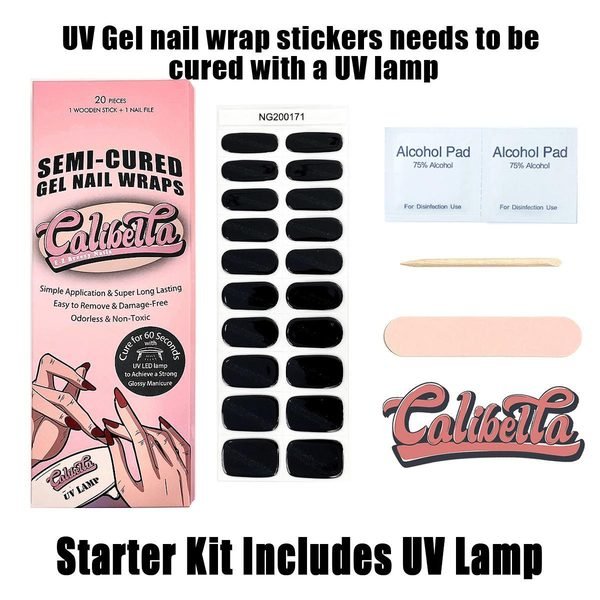 Calibella Semi-Cured UV Gel Nail Wrap Stickers for Durable DIY Manicure Nail Care with No Odor or Adhesives and Zero Drying Time (UV lamp required)