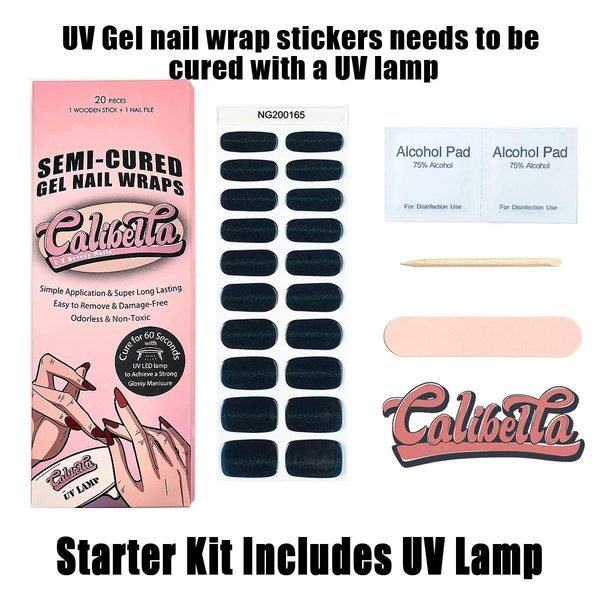 Calibella Semi-Cured UV Gel Nail Wrap Stickers for Durable DIY Manicure Nail Care with No Odor or Adhesives and Zero Drying Time (UV lamp required)