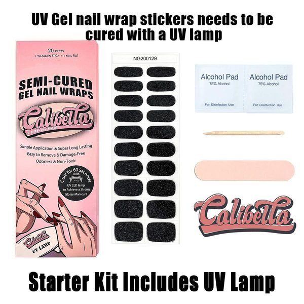Calibella Semi-Cured UV Gel Nail Wrap Stickers for Durable DIY Manicure Nail Care with No Odor or Adhesives and Zero Drying Time (UV lamp required)