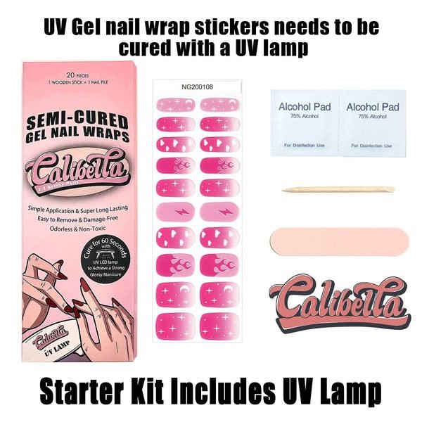 Calibella Semi-Cured UV Gel Nail Wrap Stickers for Durable DIY Manicure Nail Care with No Odor or Adhesives and Zero Drying Time (UV lamp required)