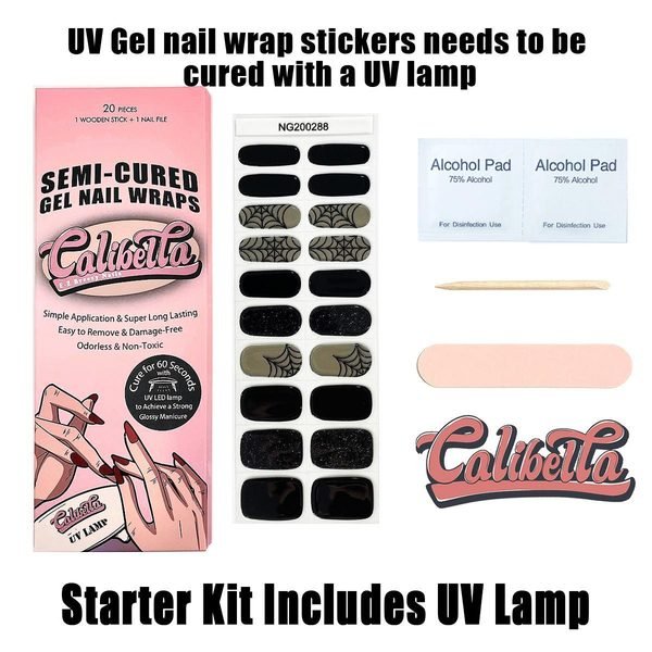 Calibella Semi-Cured UV Gel Nail Wrap Stickers for Durable DIY Manicure Nail Care with No Odor or Adhesives and Zero Drying Time (UV lamp required)