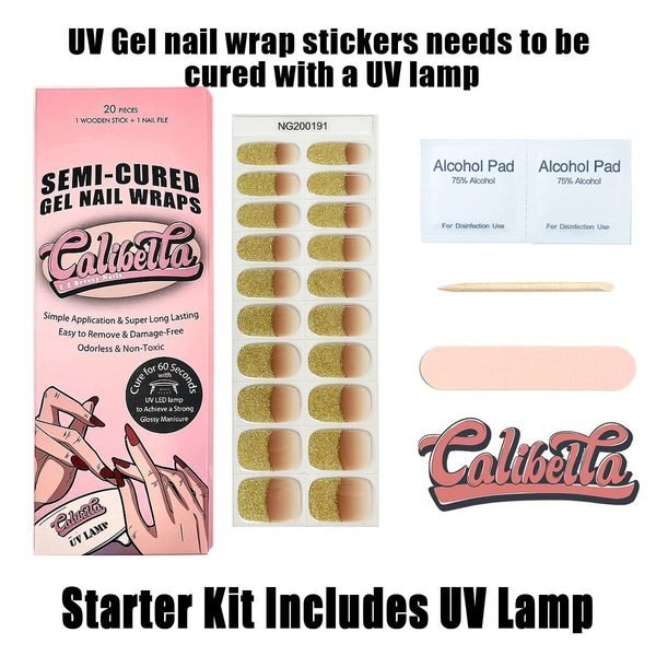 Calibella Semi-Cured UV Gel Nail Wrap Stickers for Durable DIY Manicure Nail Care with No Odor or Adhesives and Zero Drying Time (UV lamp required)