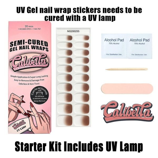 Calibella Semi-Cured UV Gel Nail Wrap Stickers for Durable DIY Manicure Nail Care with No Odor or Adhesives and Zero Drying Time (UV lamp required)