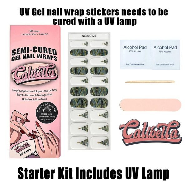 Calibella Semi-Cured UV Gel Nail Wrap Stickers for Durable DIY Manicure Nail Care with No Odor or Adhesives and Zero Drying Time (UV lamp required)