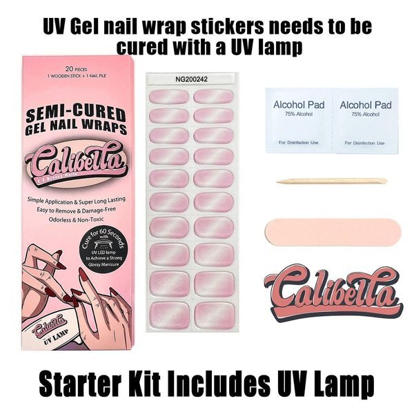 Calibella Semi-Cured UV Gel Nail Wrap Stickers for Durable DIY Manicure Nail Care with No Odor or Adhesives and Zero Drying Time (UV lamp required)