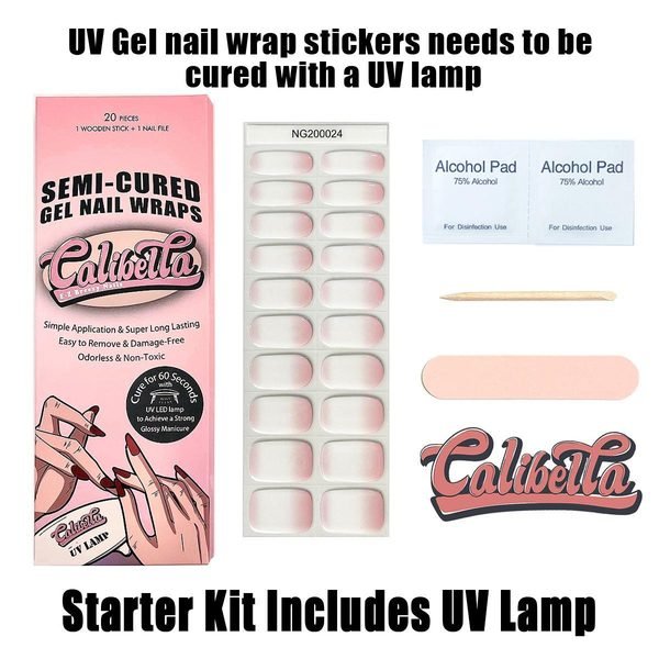 Calibella Semi-Cured UV Gel Nail Wrap Stickers for Durable DIY Manicure Nail Care with No Odor or Adhesives and Zero Drying Time (UV lamp required)