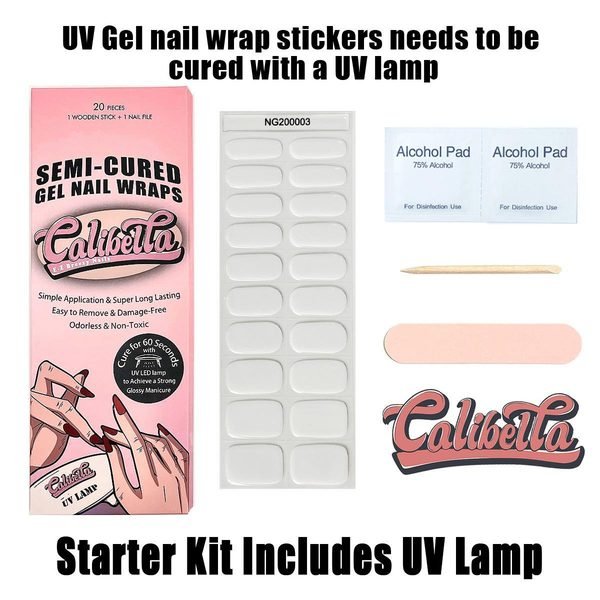 Calibella Semi-Cured UV Gel Nail Wrap Stickers for Durable DIY Manicure Nail Care with No Odor or Adhesives and Zero Drying Time (UV lamp required)